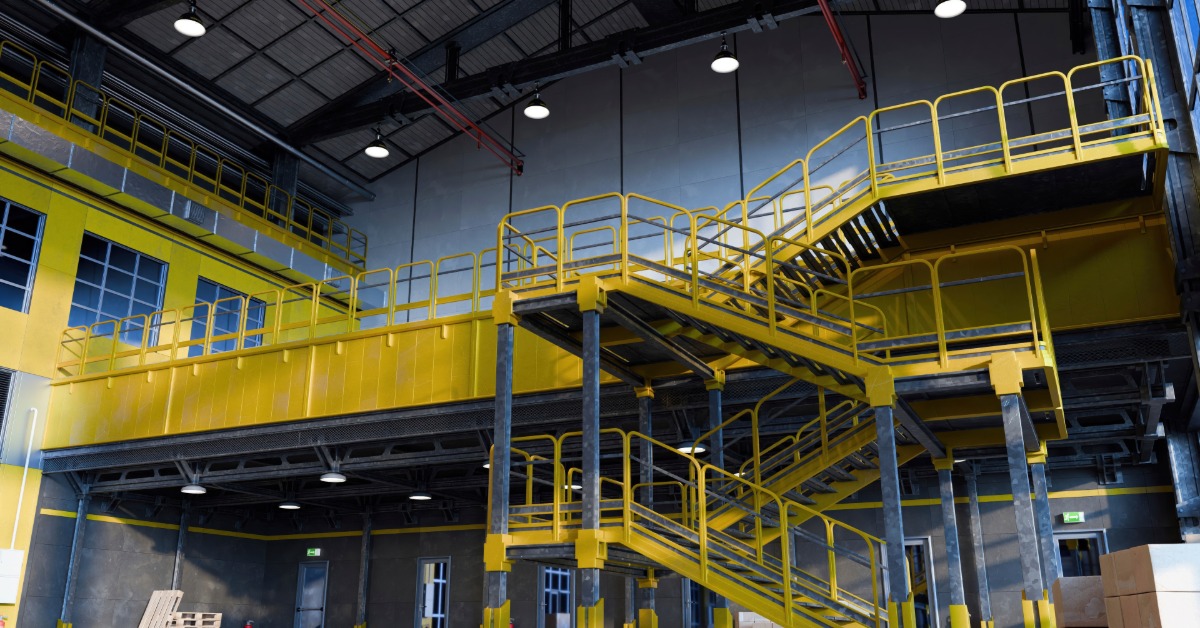 A large yellow platform system includes multiple staircases, railings, and upper-level walkways inside a warehouse.